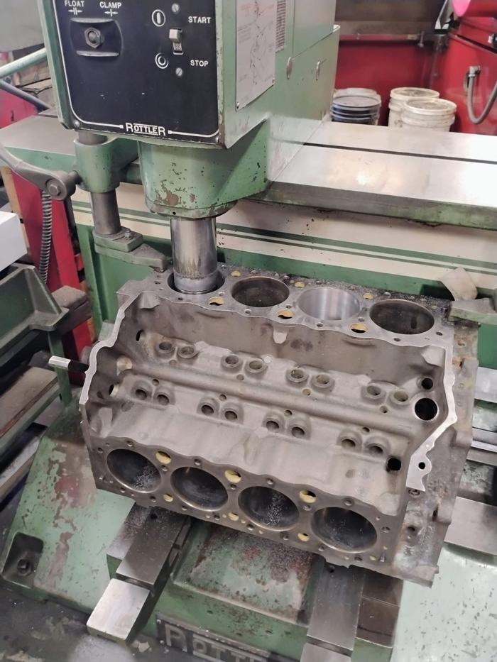A V8 block set up under the Rottler boring machine